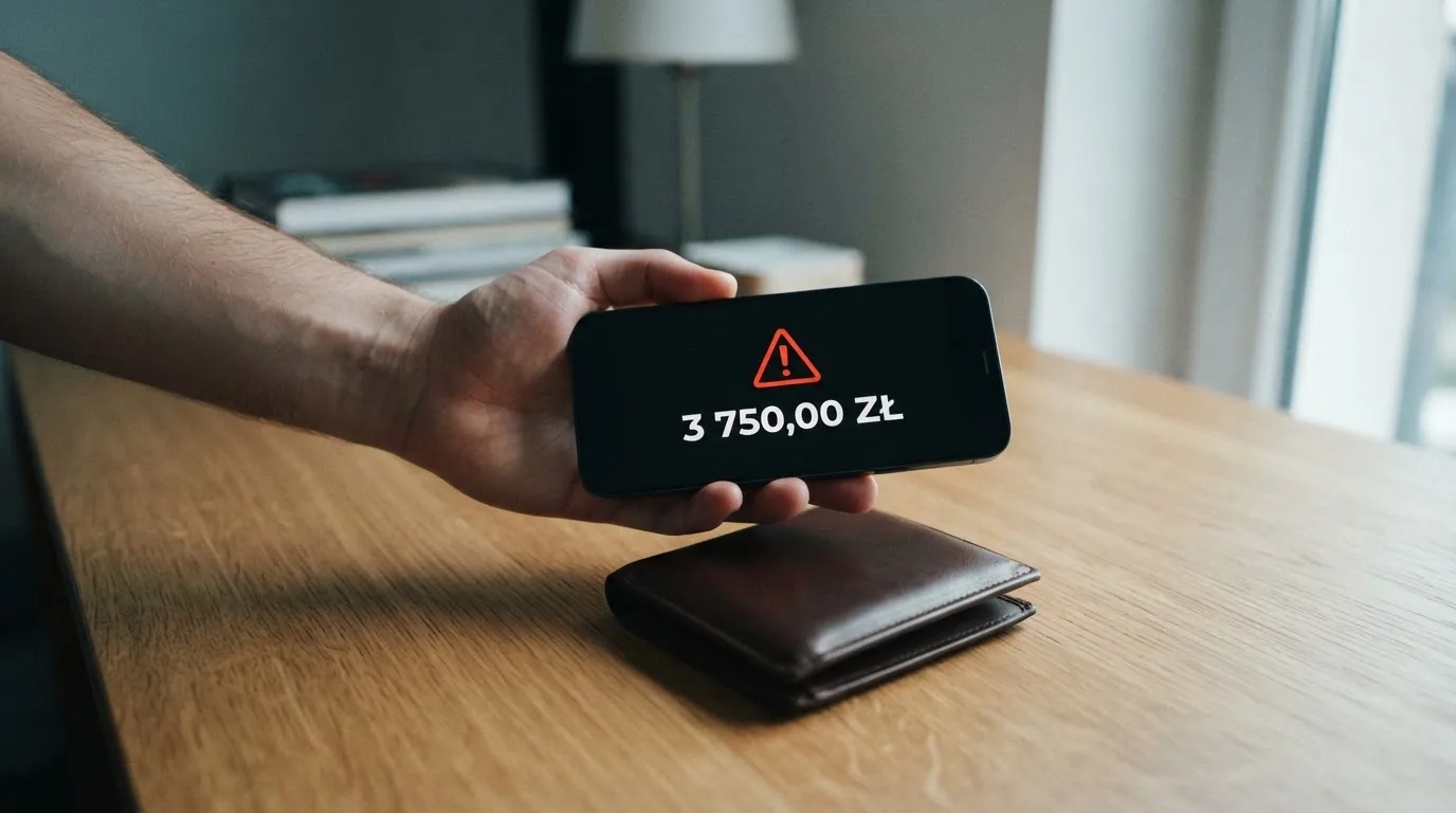 Dłoń trzyma smartfon z prostym czerwonym symbolem ostrzeżenia i jedną kwotą na ekranie, obok leży portfel na biurku