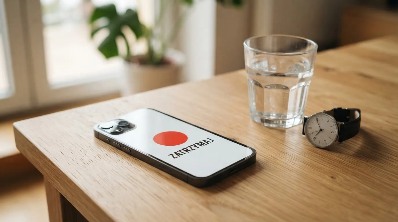 Smartfon leży na stole z prostym czerwonym przyciskiem stop na ekranie, obok stoi szklanka wody i zegarek